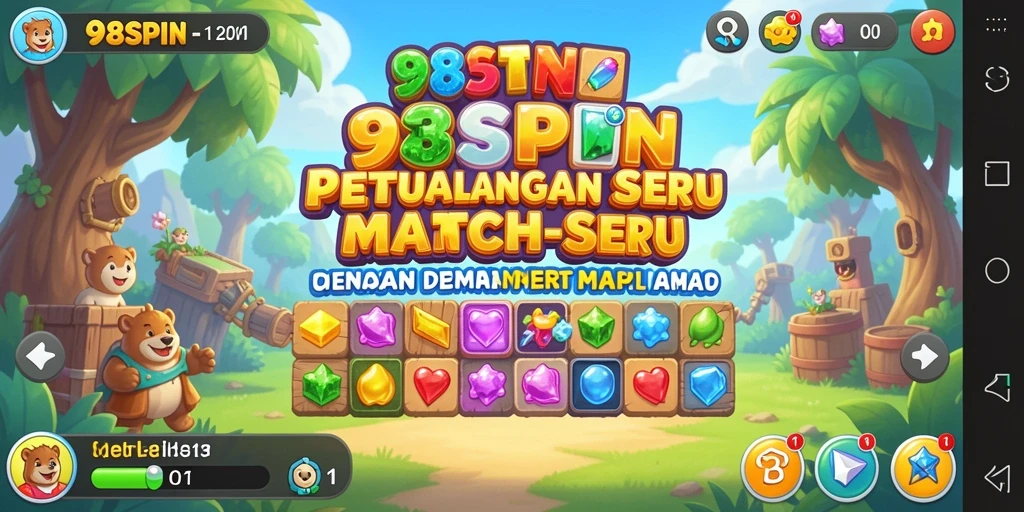 Tampilan gameplay 98SPIN yang penuh warna dalam kategori Match-3.