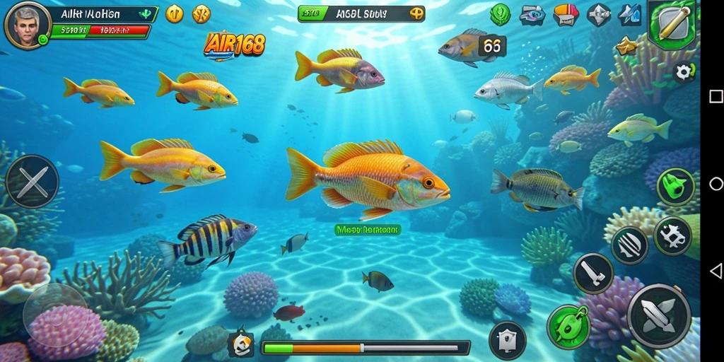 Tampilan screenshot gameplay AIR168 menunjukkan aksi seru menembak ikan.