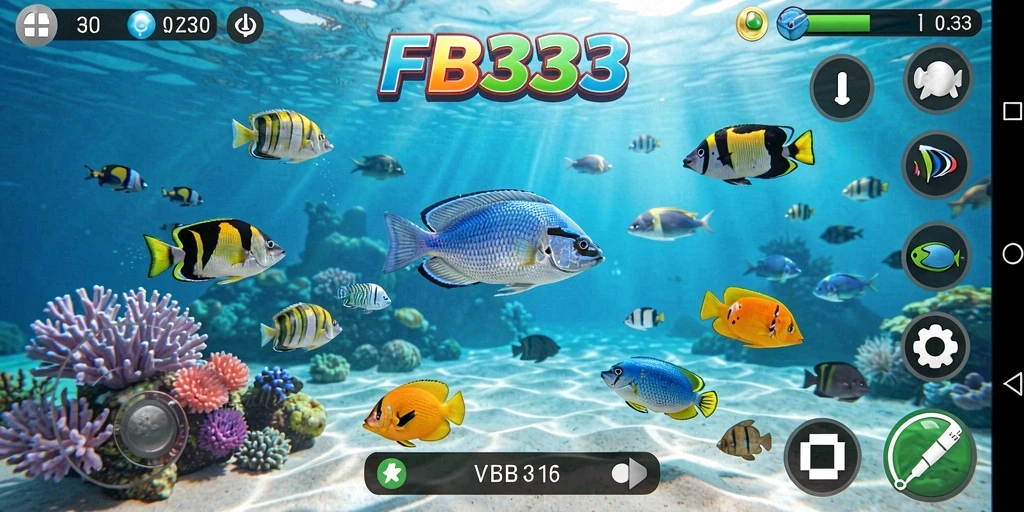 Screenshot FB333 menampilkan aksi menembak ikan yang seru dan dinamis.