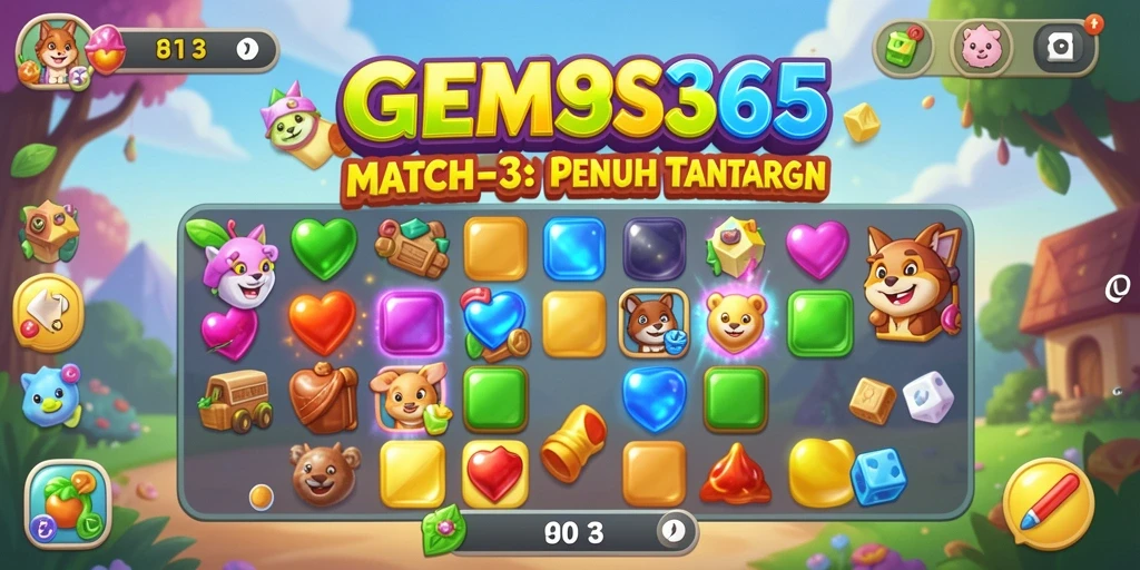 Tangkapan layar GEMS365 menampilkan gameplay Match-3 yang seru dan penuh warna.