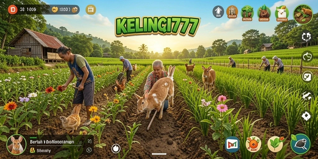 Tampilan gameplay KELINCI777 dengan kebun yang subur dan hewan ternak.