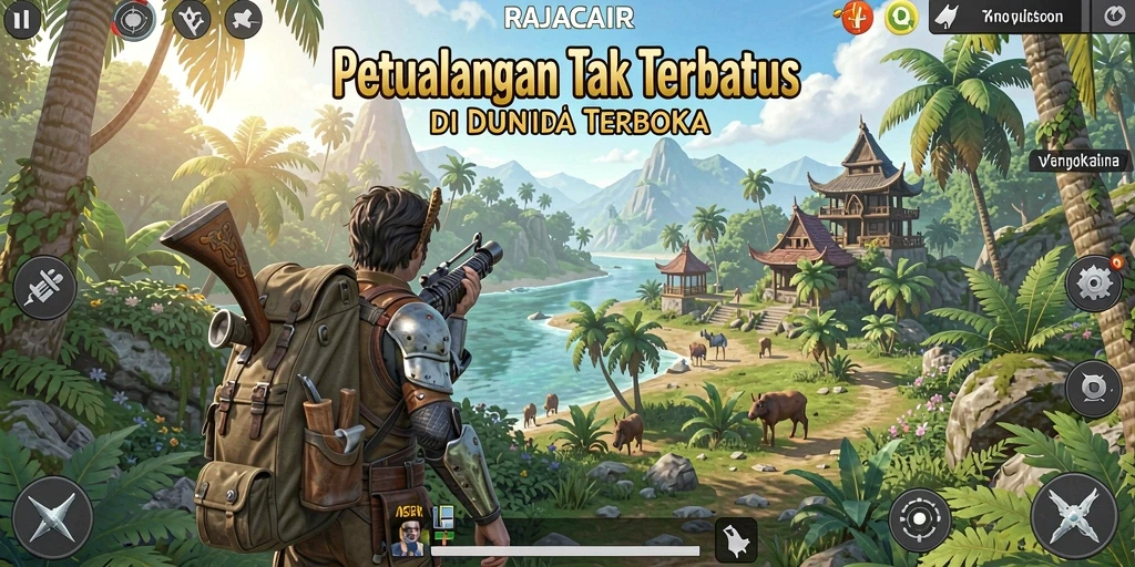 Tangkapan layar gameplay <strong>RAJACAIR</strong> yang menampilkan dunia terbuka yang luas.